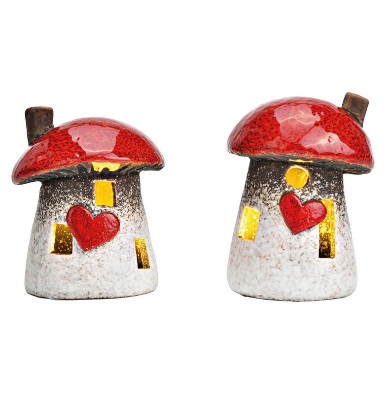 Casetta fungo in ceramica dotata di luce led calda in 2 varianti assortite, pile incluse, ideale come decorazione autunnale